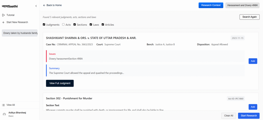 nyaysaathi ai legal research tool